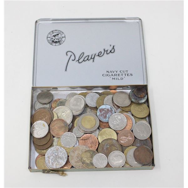 OLD METAL PLAYERS TIN FILLED WITH MISC. OLD COINS