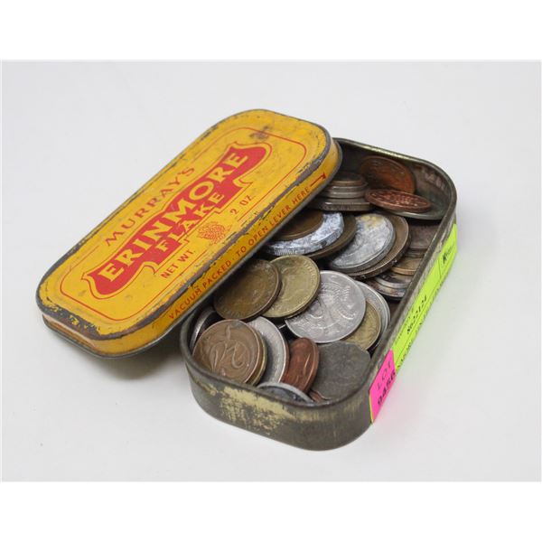 OLD ERINMORE TIN FILLED WITH MISC. OLD COINS