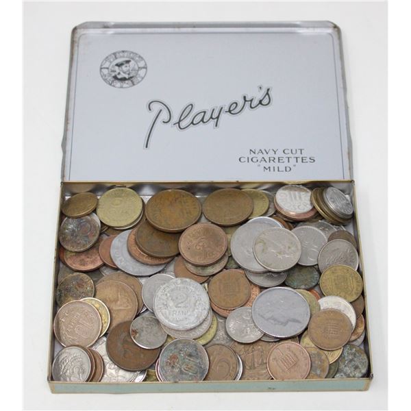 OLD METAL PLAYERS TIN FILLED WITH MISC. OLD COINS