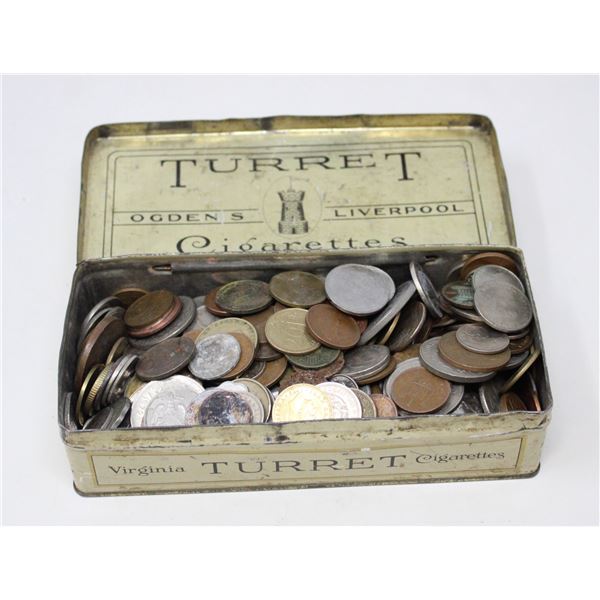 OLD TURRET TIN FILLED WITH MISC. OLD COINS