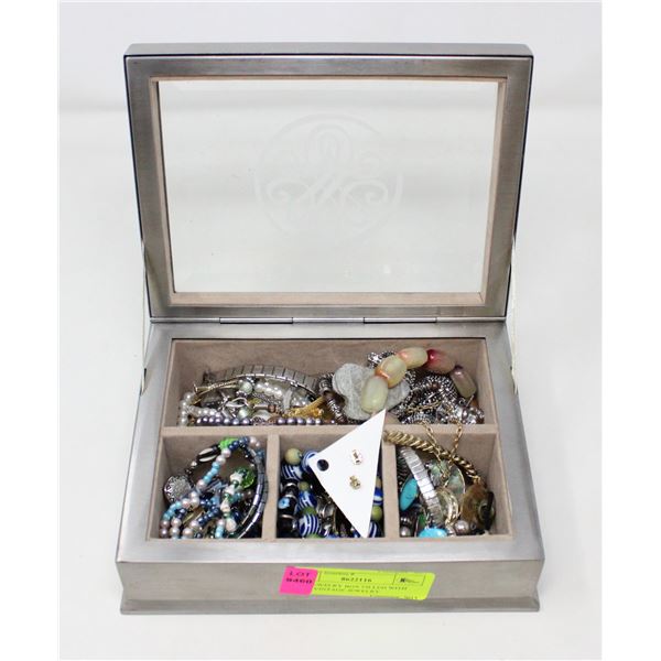 OLD JEWELRY BOX FILLED WITH MISC. VINTAGE JEWELRY