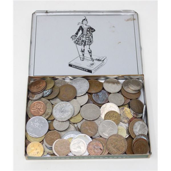 OLD METAL PLAYERS TIN FILLED WITH MISC. OLD COINS