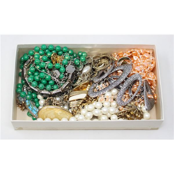 OLD BOX FILLED WITH MISC. VINTAGE JEWELRY