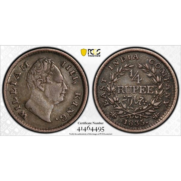 BRITISH INDIA: AR ¼ rupee, 1835(c), PCGS EF45