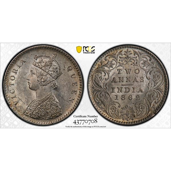 BRITISH INDIA: AR 2 annas, 1862(c), PCGS MS64