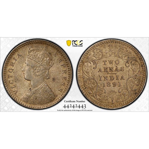 BRITISH INDIA: AR 2 annas, 1891-C, PCGS MS63