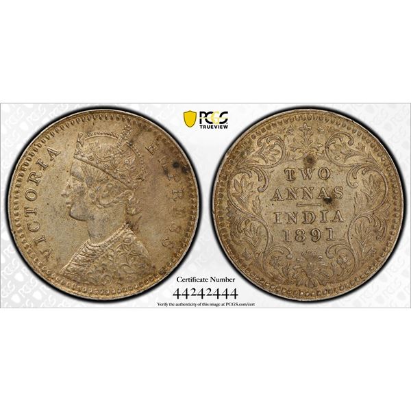 BRITISH INDIA: AR 2 annas, 1891-C, PCGS AU58