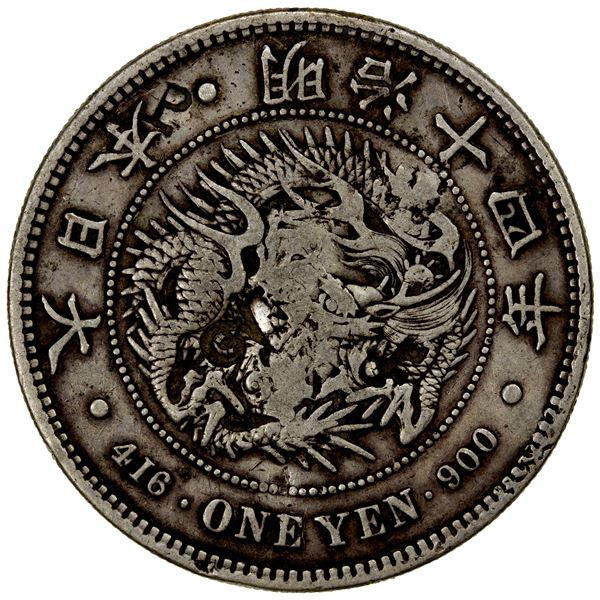 CHOPMARKED COINS: JAPAN: Meiji, 1868-1912, AR yen, year 14 (1881), VF