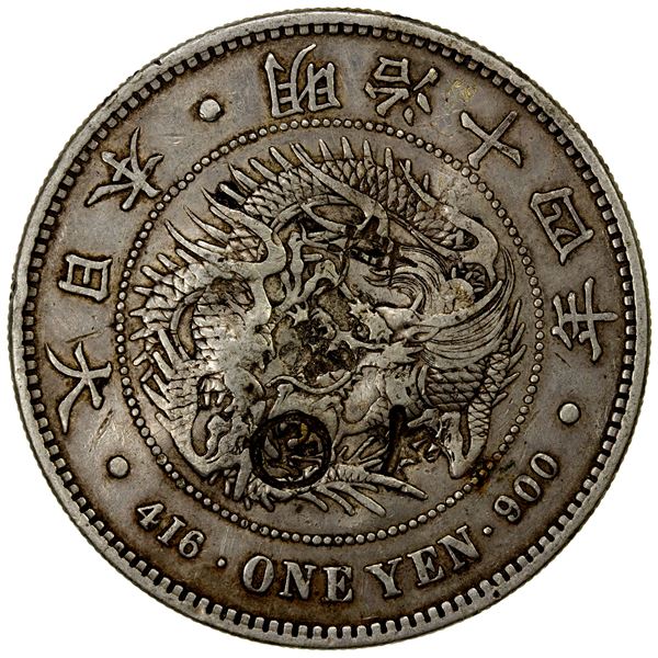 CHOPMARKED COINS: JAPAN: Meiji, 1868-1912, AR yen, year 14 (1881), VF