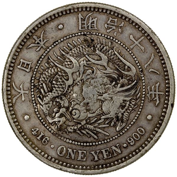 CHOPMARKED COINS: JAPAN: Meiji, 1868-1912, AR yen, year 18 (1885), VF-EF
