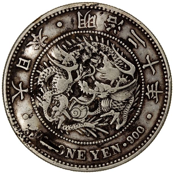 CHOPMARKED COINS: JAPAN: Meiji, 1868-1912, AR yen, year 20 (1887), VF
