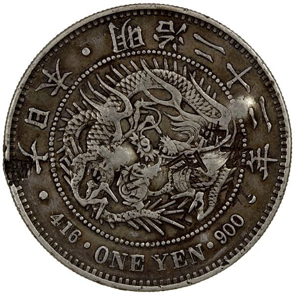 CHOPMARKED COINS: JAPAN: Meiji, 1868-1912, AR yen, year 22 (1889), VF
