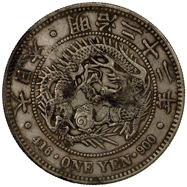 CHOPMARKED COINS: JAPAN: Meiji, 1868-1912, AR yen, year 22 (1889), VF