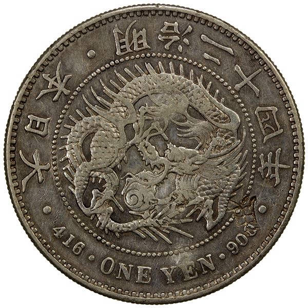 CHOPMARKED COINS: JAPAN: Meiji, 1868-1912, AR yen, year 24 (1891), EF
