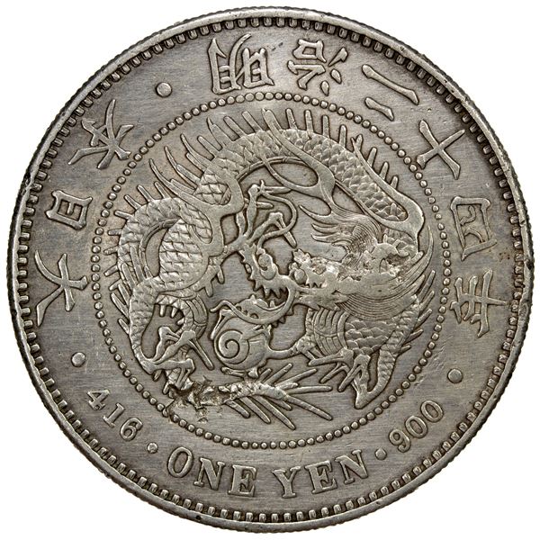 CHOPMARKED COINS: JAPAN: Meiji, 1868-1912, AR yen, year 24 (1891), EF