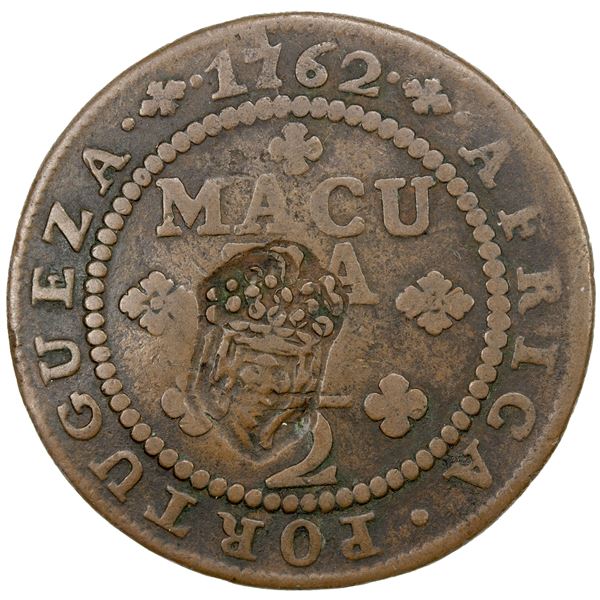 ANGOLA: Maria II, 1834-1853, AE macuta, ND (1837), VF on VG host