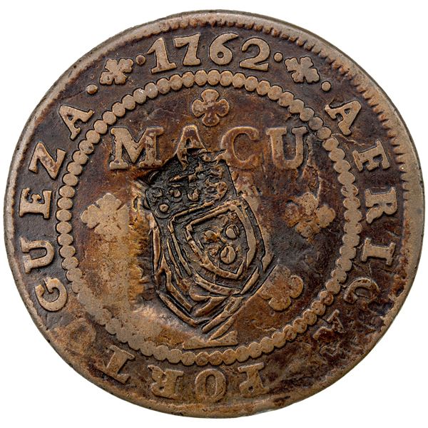 ANGOLA: Maria II, 1834-1853, AE macuta, ND (1837), VF on VG host