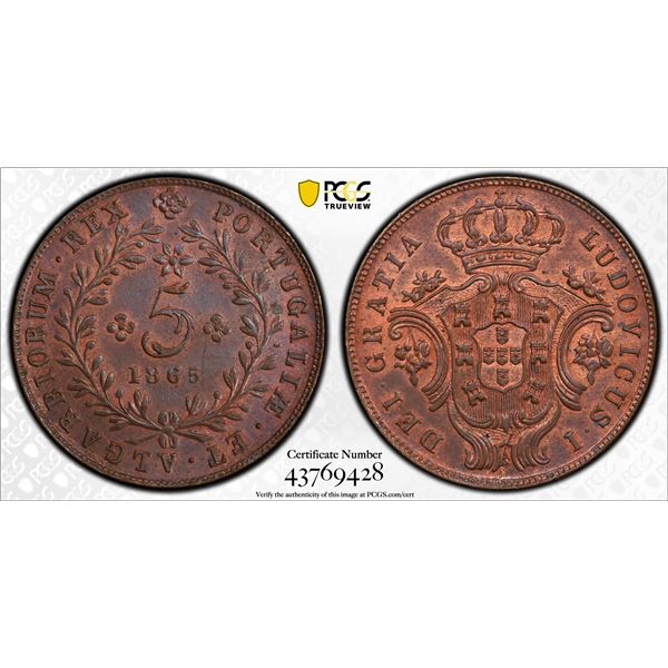 AZORES: Luiz I, 1861-1889, AE 5 reis, 1865, PCGS UNC details