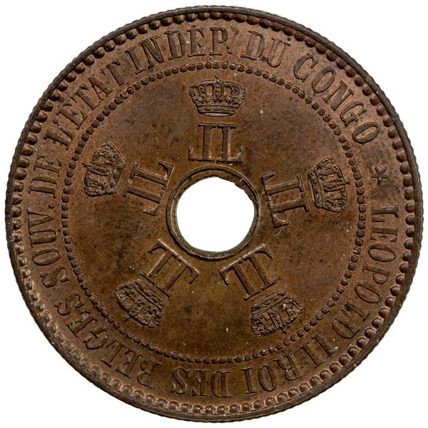 BELGIAN CONGO: Leopold II, 1865-1909, AE 5 centimes, 1894, Choice Unc