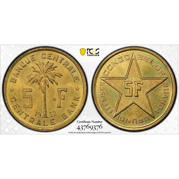 BELGIAN CONGO: Baudouin, 1951-1960, 5 francs, Ruanda-Urundi, 1952, PCGS MS65
