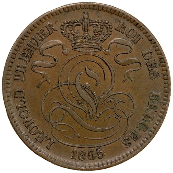 BELGIUM: Leopold I, 1831-1865, AE 10 centimes, 1855, Choice VF