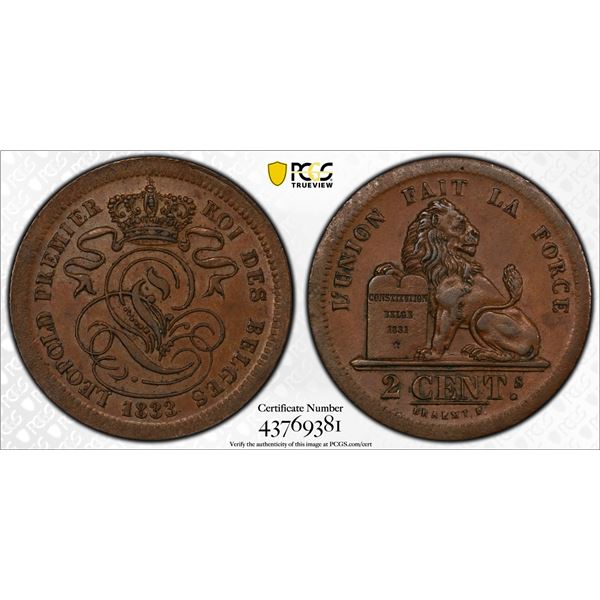 BELGIUM: Leopold I, 1831-1865, AE 2 centimes, 1833, PCGS MS62 BN