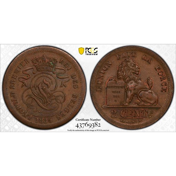 BELGIUM: Leopold I, 1831-1865, AE 2 centimes, 1834, PCGS MS62 BN