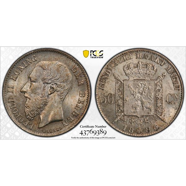 BELGIUM: Leopold II, 1865-1909, AR 50 centimes, 1886, PCGS MS64