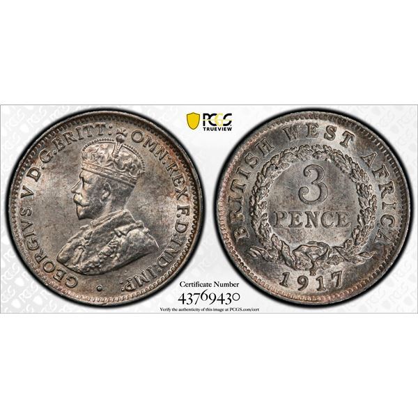BRITISH WEST AFRICA: George V, 1910-1936, AR 3 pence, 1917-H, PCGS MS62