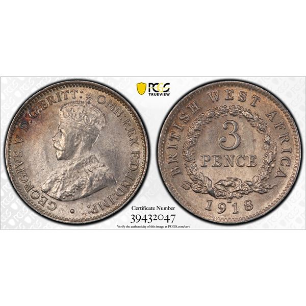 BRITISH WEST AFRICA: George V, 1910-1936, AR threepence, 1918-H, PCGS MS62
