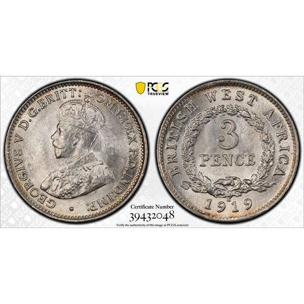 BRITISH WEST AFRICA: George V, 1910-1936, AR threepence, 1919-H, PCGS MS63