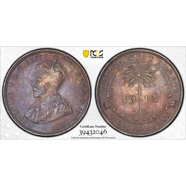 BRITISH WEST AFRICA: George V, 1910-1936, AR shilling, 1913-H, PCGS MS62