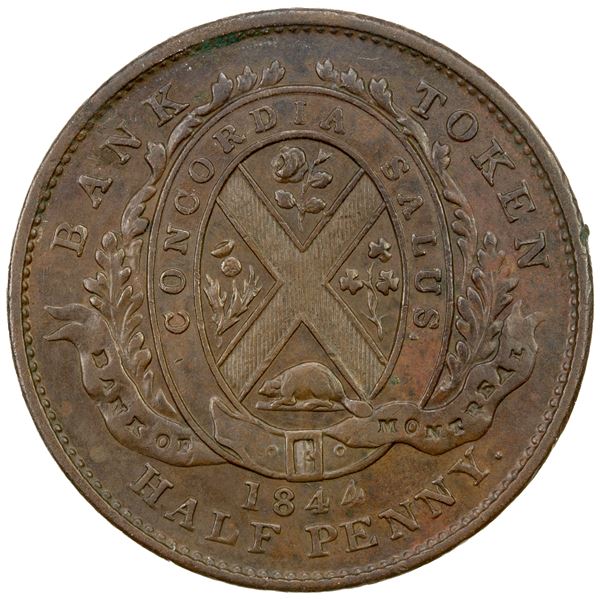 CANADA: Province of Canada, AE halfpenny token, 1844, EF