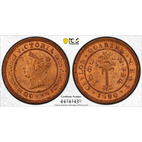 CEYLON: Victoria, 1837-1901, AE ¼ cent, 1890, PCGS MS65 RD