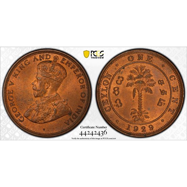 CEYLON: George V, 1910-1936, AE cent, 1929, PCGS MS64 RB