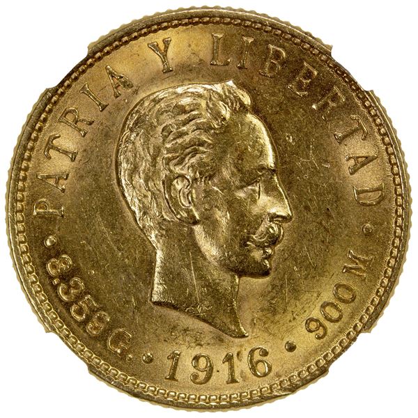 CUBA: First Republic, AV 5 pesos, 1916, NGC MS62