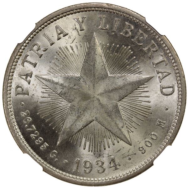 CUBA: First Republic, AR peso, 1934, NGC MS64
