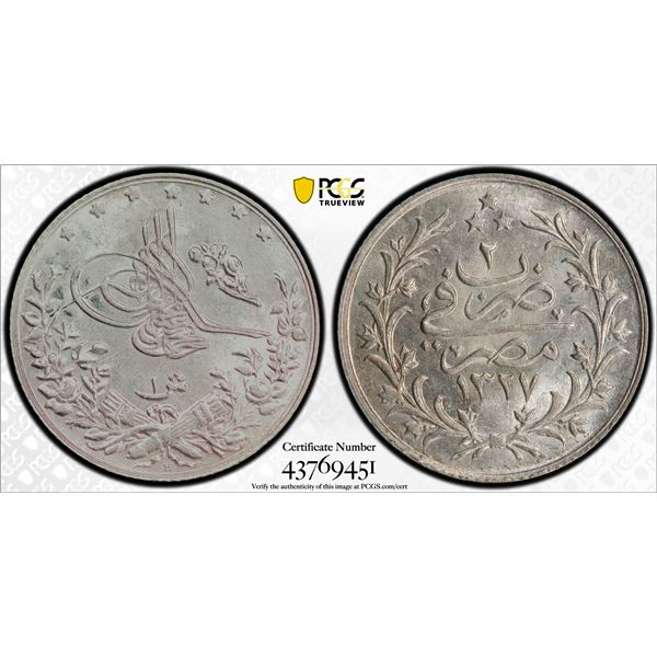 EGYPT: Muhammad V, 1909-1914, AR qirsh, AH1327 year 6, PCGS MS63