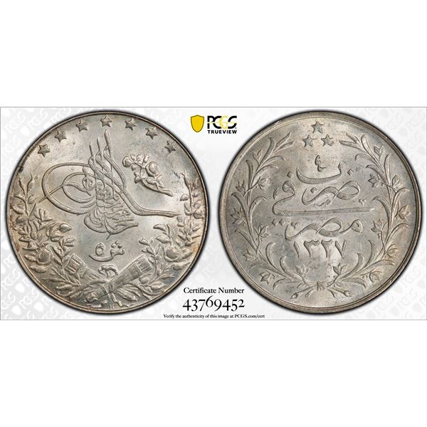 EGYPT: Muhammad V, 1909-1914, AR 5 qirsh, AH1327 year 4, PCGS MS64