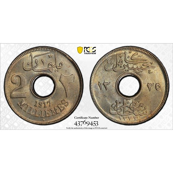 EGYPT: Hussein Kamel, 1914-1917, 2 milliemes, 1917/AH1335, PCGS MS65