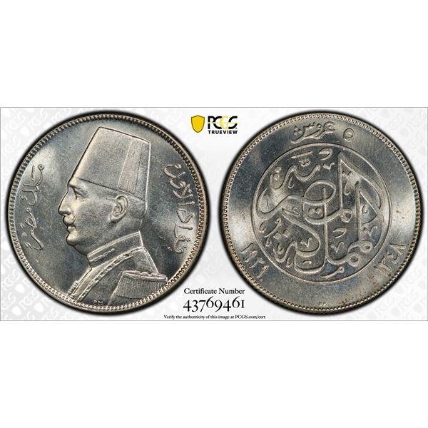 EGYPT: Fuad I, 1922-1936, AR 5 piastres, 1929-BP/AH1348, PCGS MS64