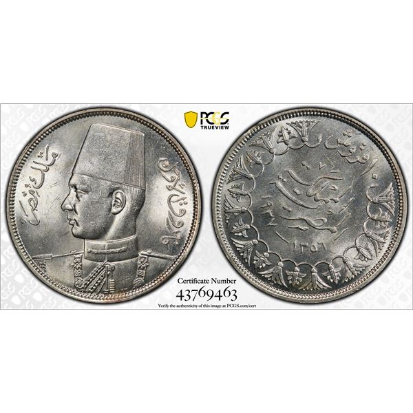 EGYPT: Farouk I, 1936-1953, AR 10 piastres, 1937/AH1356, PCGS MS63