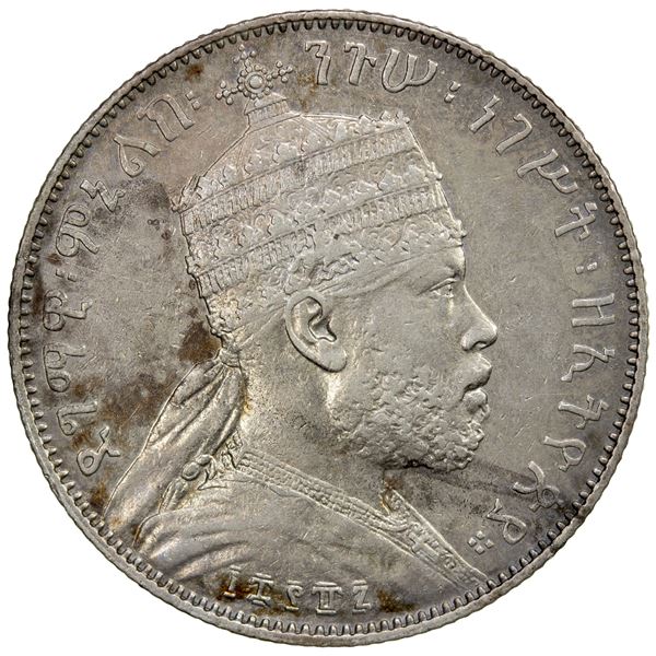 ETHIOPIA: Menelik II, 1889-1913, AR ½ birr, EE1887-A (1894-5), VF-EF