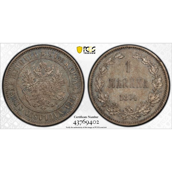 FINLAND: Alexander II, Grand Duke, 1855-1881, AR markka, 1874, PCGS UNC details
