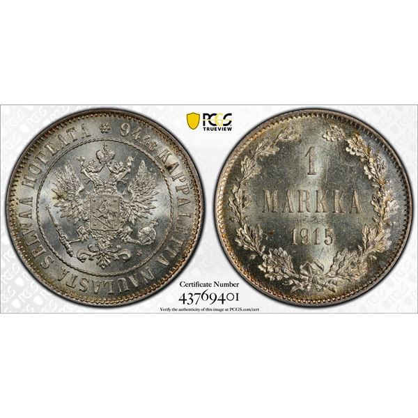 FINLAND: Nicholas II, Grand Duke, 1894-1917, AR markka, 1915, PCGS MS64