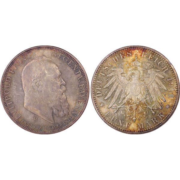 BAVARIA: Luitpold, as Prince Regent, 1886-1912, AR 5 mark, 1911-D, PCGS MS65