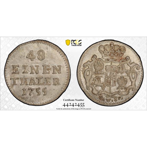 SAXONY: Friedrich August II, 1733-1763, AR 1/48 thaler, Dresden, 1755, PCGS MS64