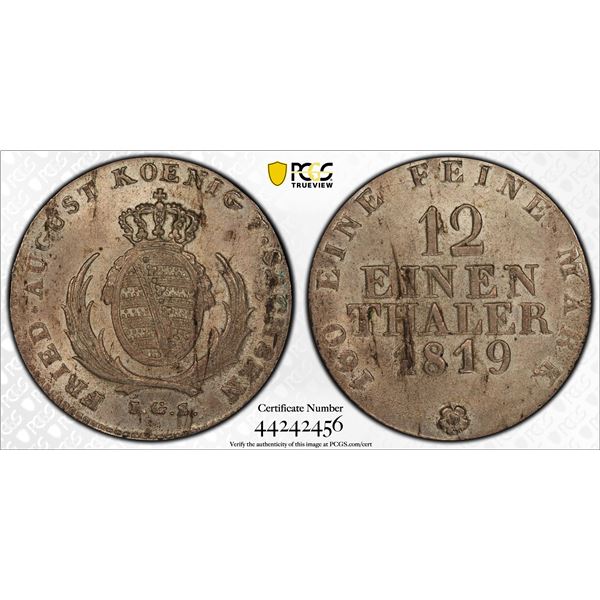 SAXONY: Friedrich August I, 1806-1827, AR 1/12 thaler, 1819, PCGS MS63