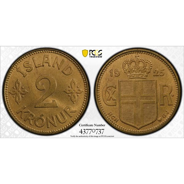 ICELAND: 2 kronur, 1925, PCGS MS65