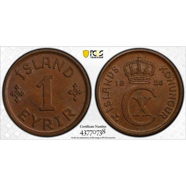 ICELAND: AE eyrir, 1926, PCGS MS65 +